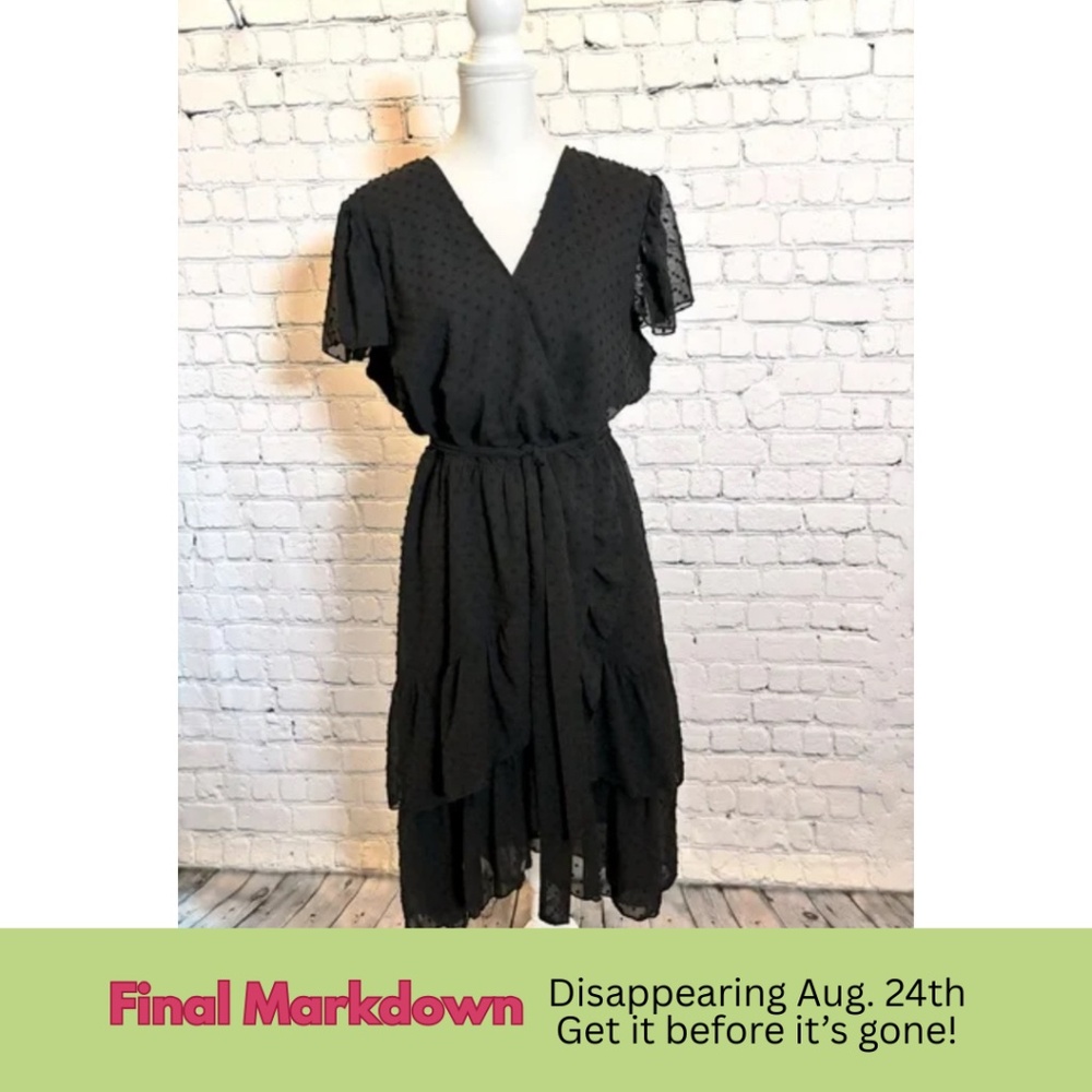 EUC Chiffon Swiss Dot Belted Black Midi Dress